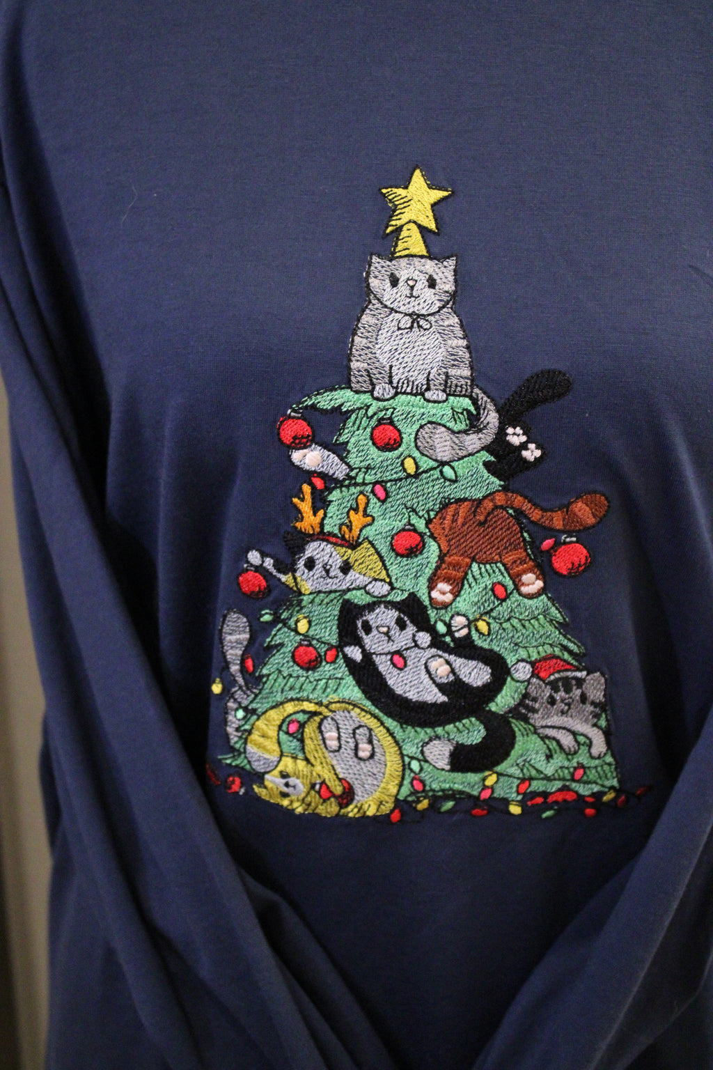 Merry Mischief – Cat Christmas Chaos Embroidered T-Shirt 🐱🎄