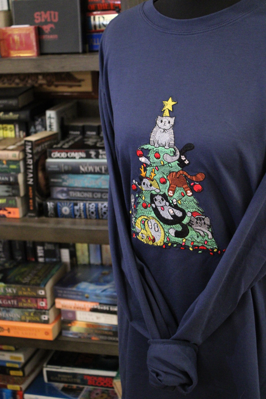 Merry Mischief – Cat Christmas Chaos Embroidered T-Shirt 🐱🎄